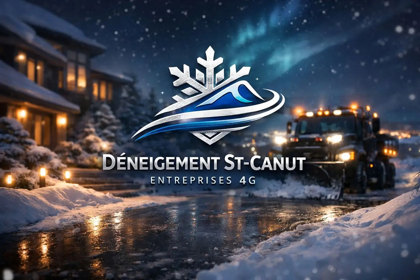 Bannière de Déneigement St-Canut : emblème flocon et vague en argent et bleu, au-dessus d'une rue résidentielle déneigée la nuit, camions à pelle phares allumés