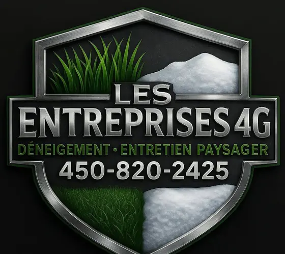 Écusson de Les Entreprises 4G : bouclier chrome moitié gazon moitié neige, « Déneigement · Entretien paysager », 450-820-2425