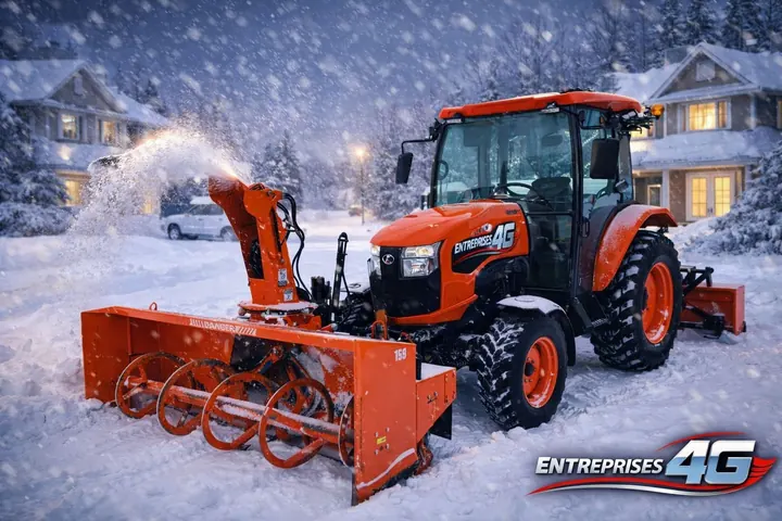 Tracteur avec souffleuse à neige en action devant des maisons, à la tombée du jour