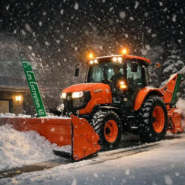 Tracteur orange à lame avant et souffleuse arrière au travail la nuit sous la neige, jalons Les Entreprises 4G plantés en bordure