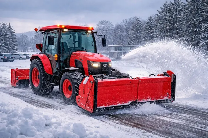 Tracteur équipé d'une large lame de déneigement qui repousse la neige en bordure de route