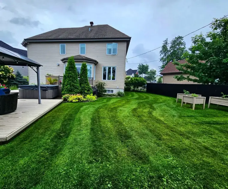Grande cour arrière tondue en bandes régulières derrière une maison, avec spa, patio couvert et bacs de jardin