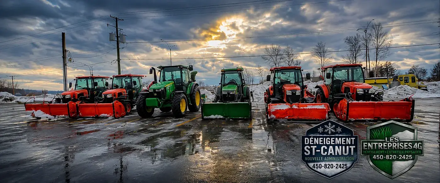 La flotte au complet alignée sur un stationnement enneigé au lever du jour : six tracteurs équipés de lames de déneigement, les logos Déneigement St-Canut et Les Entreprises 4G apposés en bas à droite